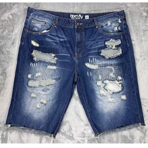 Born Fly Mens Distressed Rip Repair Denim Shorts Dark Wash Blue Size 40